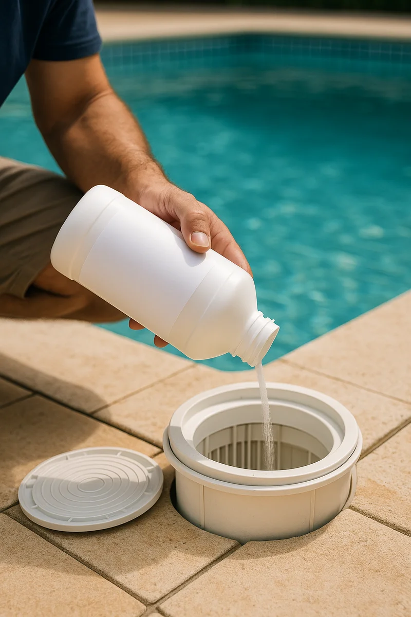 Técnico a realizar manutenção de piscina